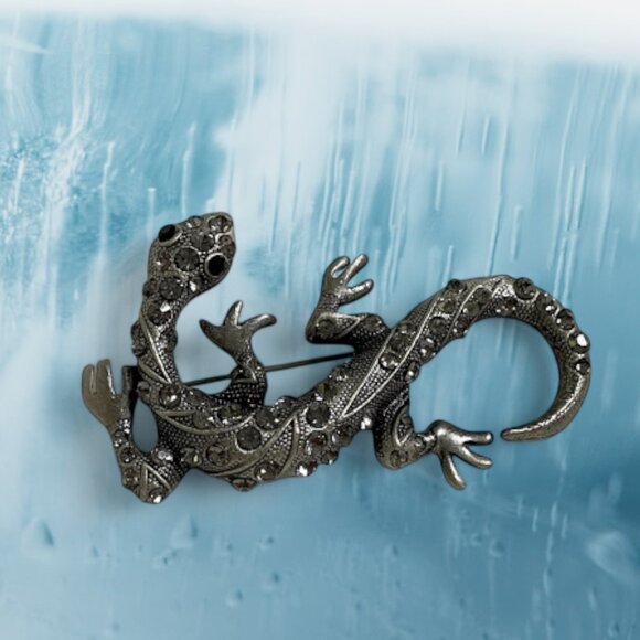 Vintage Silver Tone Rhinestone Lizard Brooch Pin 3 in, Gecko - Picture 11 of 11